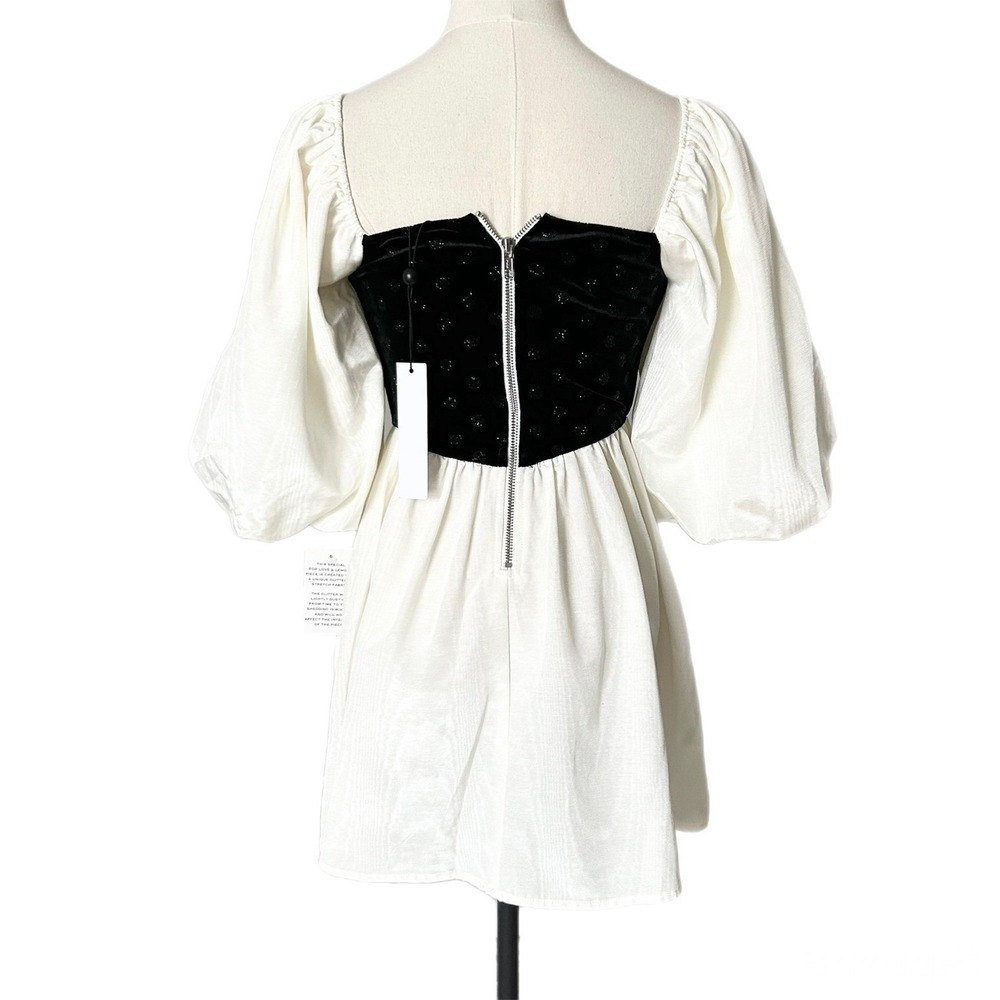NEW For Love & Lemons Black White Velvet Polka Dot Puff Sleeve Mini Dress XS - Picture 4 of 6